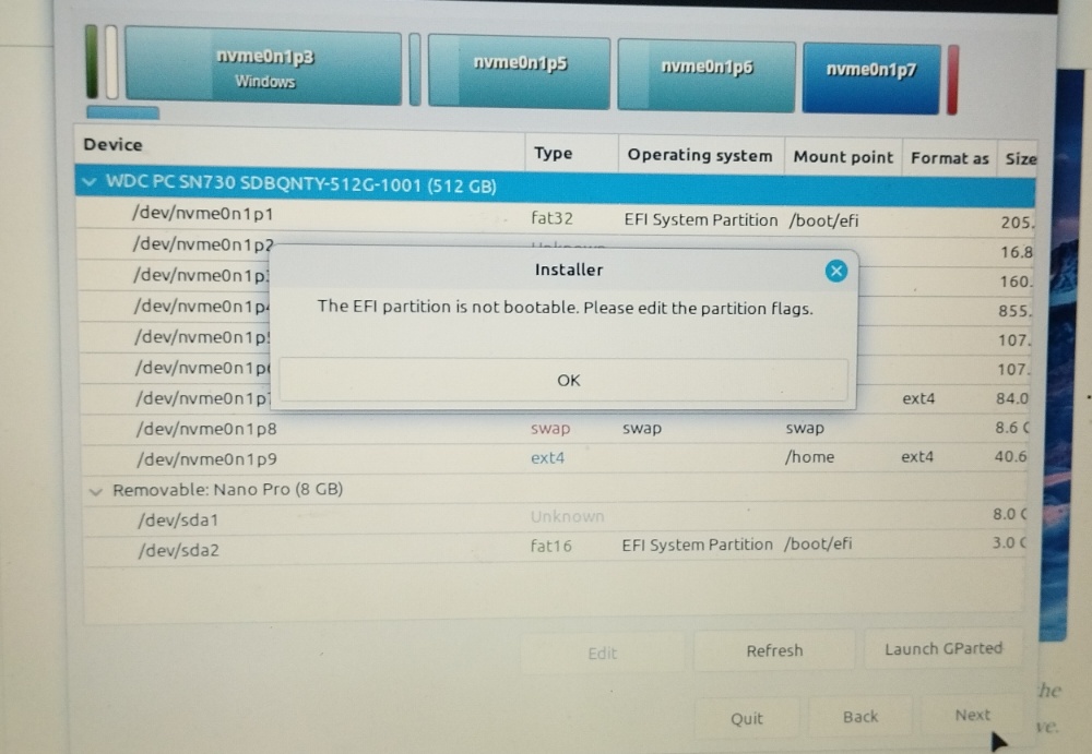 Calamares error: The EFI partition is not bootable. Please edit the partition flags