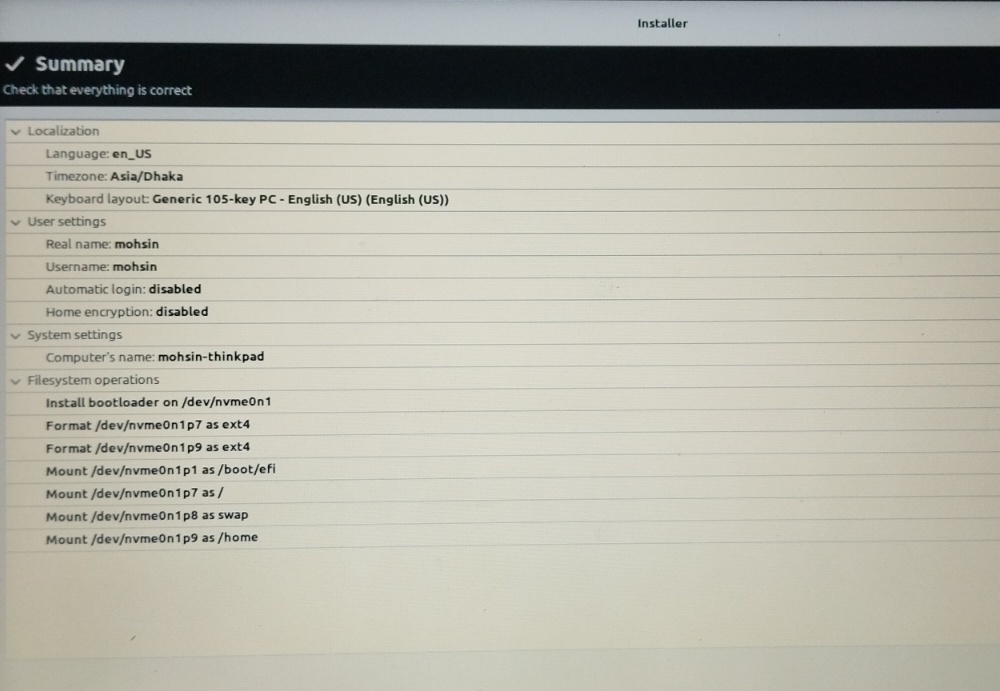 Calamares summary screen showing the correct dual-boot partition assignments